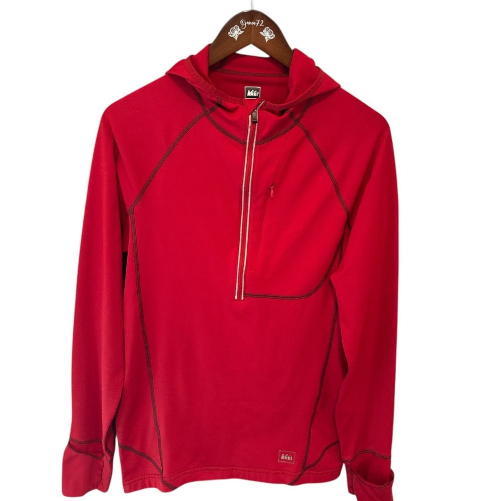 REI Mens Red Quarter Zip Hooded Pullover Athletic Size M Fleece Hiking Outdoors